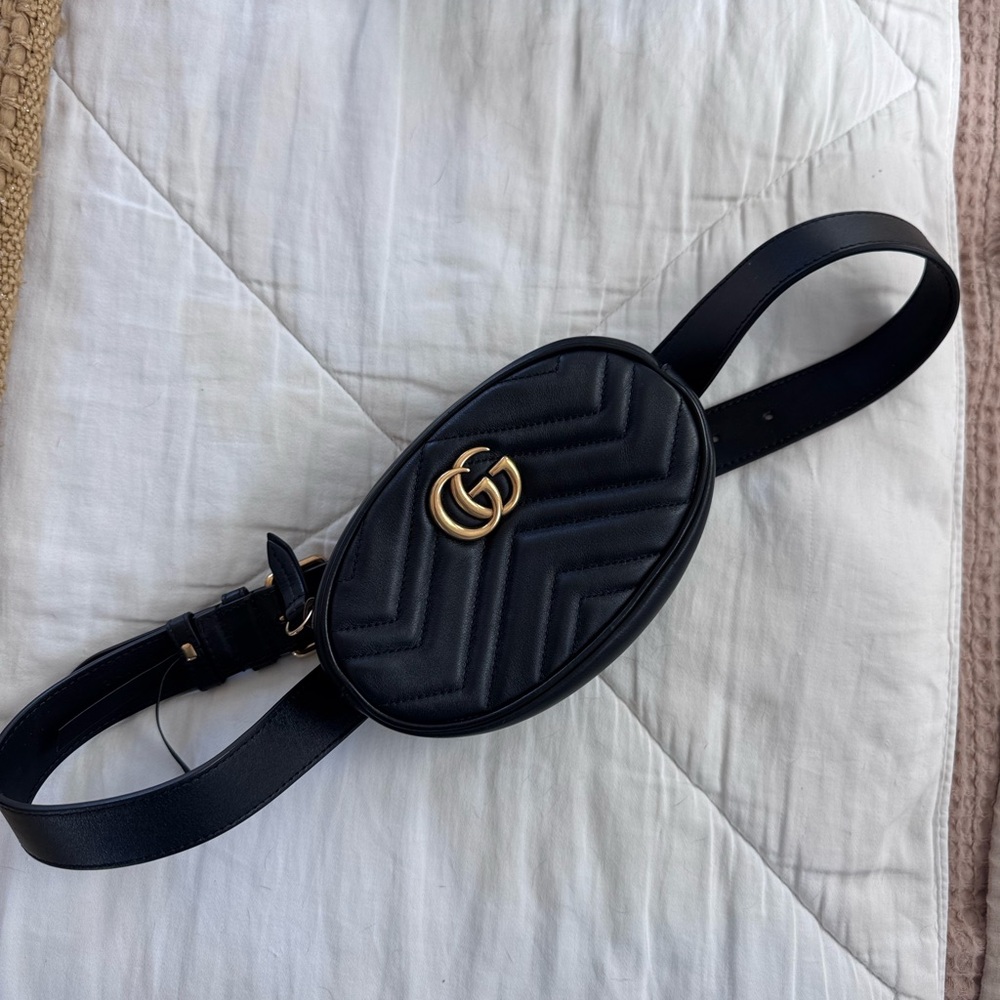 Gucci Black Quilted Oval GG Belt Bag with Gold Logo